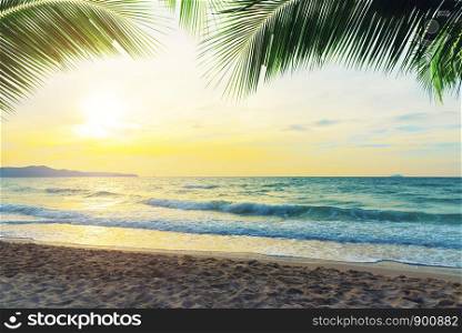 Tropical beach at sunset with coconut branches in the sky. Travel and natural background.