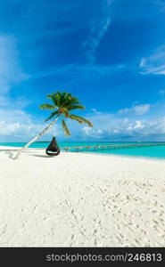 tropical beach in Maldives with few palm trees and blue lagoon