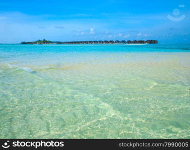 tropical beach in Maldives with few palm trees and blue lagoon