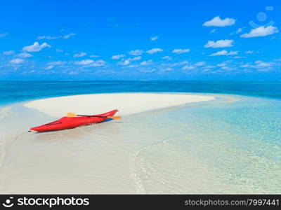 tropical beach in Maldives with few palm trees and blue lagoon