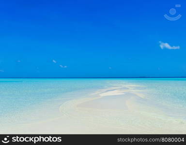 tropical beach in Maldives with few palm trees and blue lagoon