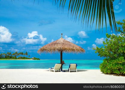 tropical beach in Maldives with few palm trees and blue lagoon