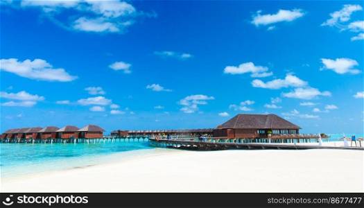 tropical beach in Maldives with few palm trees and blue lagoon  