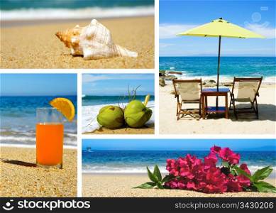 Tropical beach landscape collage with five different fotos.