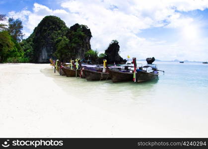 Tropical beach, longtail boats, Andaman Sea, Thailand