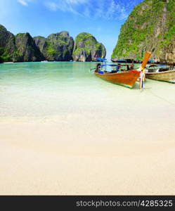 Tropical beach, longtail boats, Andaman Sea, Thailand