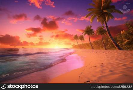 Tropical beach scene sunset. Sea water paradise. Generate Ai. Tropical beach scene sunset. Generate Ai