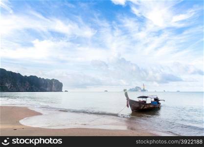 Tropical beach, traditional long tail boats, Andaman Sea, Thailand