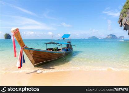 Tropical beach, traditional long tail boats, Andaman Sea, Thailand