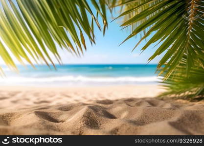 Tropical beach with palm leaves. Generative AI