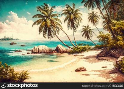 tropical beach with palm trees and crystal clear water, and messy shoreline in the distance, created with generative ai. tropical beach with palm trees and crystal clear water, and messy shoreline in the distance