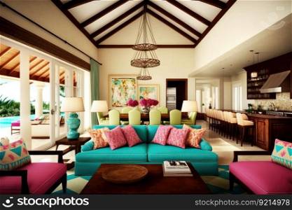 tropical beachfront villa interior with relaxed, calm and colorful atmosphere, created with generative ai. tropical beachfront villa interior with relaxed, calm and colorful atmosphere
