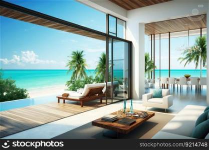 tropical beachfront villa, with floor-to-ceiling windows and private terrace, overlooking the ocean, created with generative ai. tropical beachfront villa, with floor-to-ceiling windows and private terrace, overlooking the ocean
