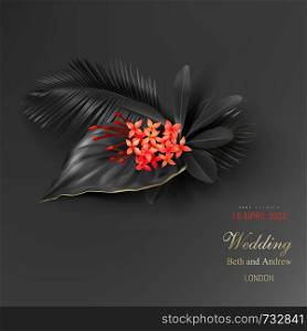 Tropical black leaves and exotic red flower on dark vector background. Beautiful botanical design with tropic jungle leaves, golden inscription. Wedding ceremony invitation card, christmas greeting. Tropical black leaves and exotic red flower