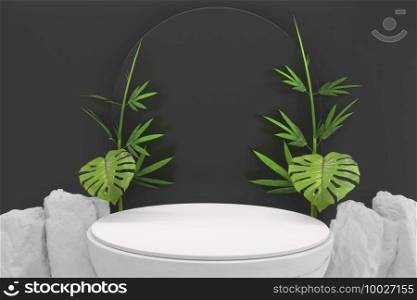 Tropical black Podium minimal geometric and bamboo japanese decoration .3D rendering