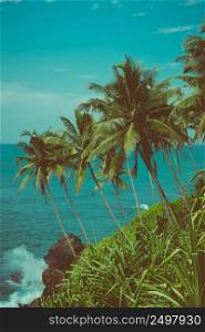 Tropical coast with coconut palm trees over the ocean vintage color toned