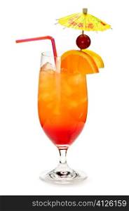 Tropical cocktail in glass isolated on white background with umbrella