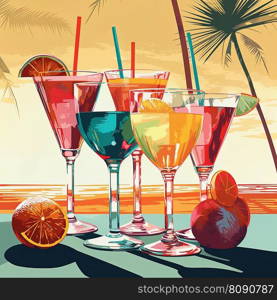 Tropical cocktails on beach with colorful sea sunset background. Watercolor pop art style illustration. Generative AI. Tropical cocktails on beach with colorful sea sunset background. Generative AI