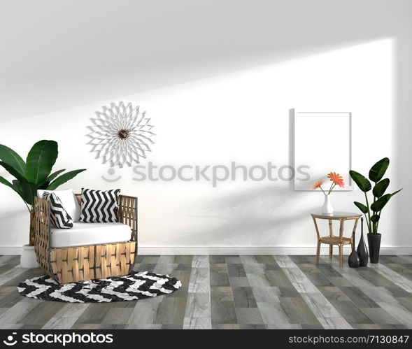 tropical design,armchair,plant,cabinet on dark wood tile floor and white background.3 d rendering