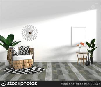 tropical design,armchair,plant,cabinet on dark wood tile floor and white background.3 d rendering