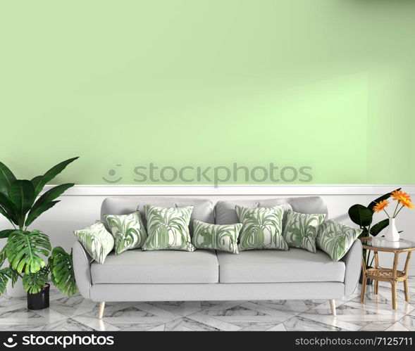 tropical design,armchair,plant,cabinet on granite floor and green background.3 d rendering