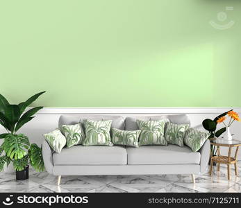 tropical design,armchair,plant,cabinet on granite floor and green background.3 d rendering