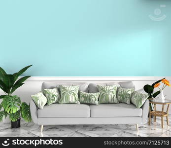 tropical design,armchair,plant,cabinet on granite floor and mint background.3 d rendering