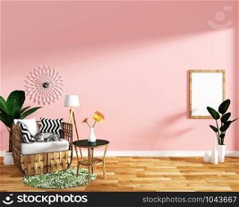 tropical design,armchair,plant,cabinet on wood floor and pink background.3 d rendering