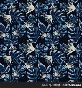 Tropical exotic botanical grey flowers and dark blue leaves monstera seamless black background. Trendy night vector composition