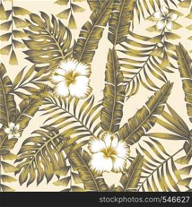 Tropical exotic palm banana leaves and hibiscus plumeria flowers abstract color beige background. Trendy vector seamless pattern