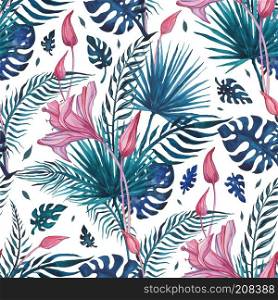 Tropical flowers Abstract Flower. Hand Drawn Floral Pattern. Seamless Watercolor illustration. Can be used for wallpaper, website background, textile, phone case print. Beautiful Tropical flowers, seamless pattern. Watercolor hand drawn illustration, exotic background