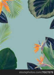 tropical flowers and leaves - border of fresh strelizia bird of paradize flowers and exotic palm leaves on blue backgroundotic palm leaves on blue background. orange hibiscus flower