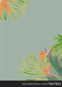 tropical flowers and leaves - border of fresh strelizia bird of paradize flowers and exotic monstera leaves on blue background, retro toned. orange hibiscus flower