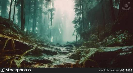 Tropical forest in gloomy fog. Tall trees, large fern leaves. Header banner mockup with copy space. AI generated.. Tropical forest in gloomy fog. Tall trees, large fern leaves. AI generated.