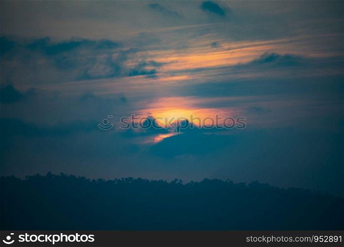 tropical forest mountain layers, sunset time with nature