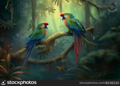 Tropical forest parrots. Colorful nature. Generate Ai. Tropical forest parrots. Generate Ai