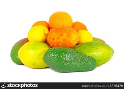 Tropical fruit, avocado, mango, papaya, orange, lemon, isolated on white