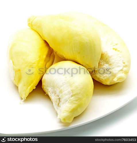 Tropical fruit, Durian on plate isolated on white background.