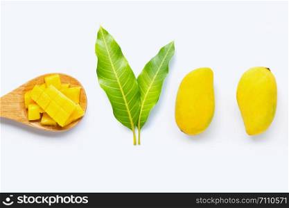 Tropical fruit, Mango with leaves on white background. Top view
