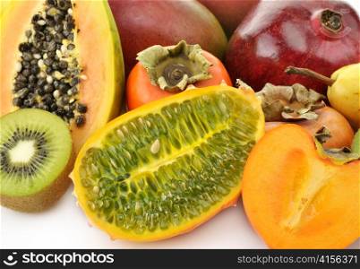 Tropical Fruits Assortment On White Background , Close Up