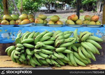Tropical fruits on the stall near the road in Savaii, Samoa