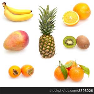 Tropical Fruits - Pineapple, Oranges, Persimmon, Kiwi, Mango, Tangerines and Bananas Isolated on White With Shadows