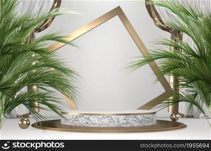 Tropical granite Podium geometric and plants decoration on white background .3D rendering
