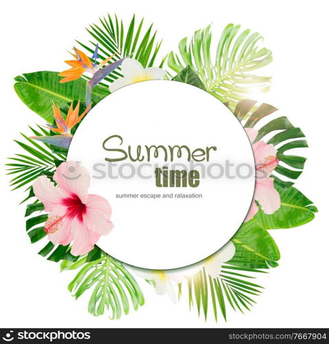 Tropical green leaves and flowers frame with copy space over white. Tropical green leaves