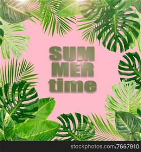 Tropical green leaves frame over pink background with summer time greetings. Tropical green leaves