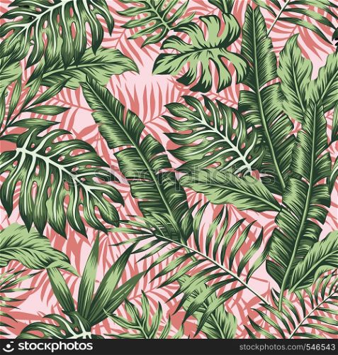 Tropical green leaves jungle pink plants background