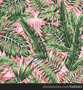 Tropical green leaves jungle pink plants background