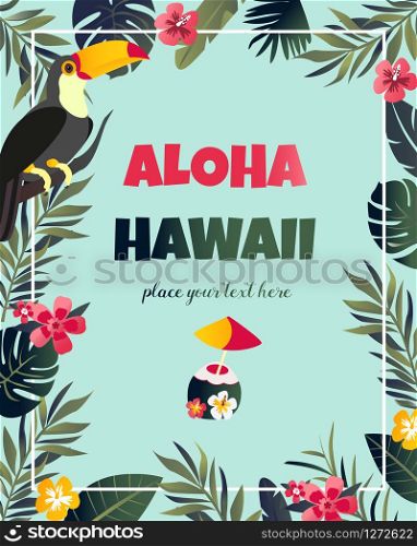 Tropical Hawaiian Poster with toucan. Party template. Tropical Hawaiian Poster with toucan. Party template. Invitation, banner, card.