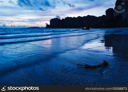 Tropical holidays sunset beach. Railay beach. Railay , Krabi Province Thailand