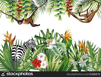 Tropical illustration with flowers jungle plants animal monkey and zebra. Vector composition